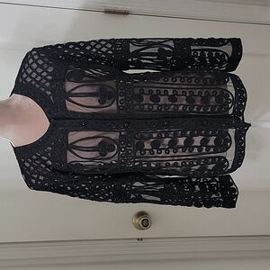 Jeannie, Black Sheer Embroidered Button Down Shacket, Size Unknown. Exc. Cond.